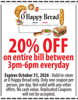 20% off entire bill 3pm-6pm every day