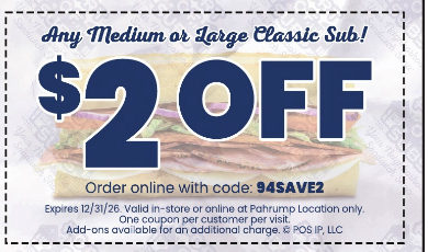 $2 off any medium or large Classic Sub, code 94SAVE2 (exp 12/31/26)