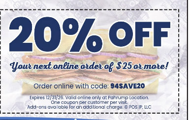 20% off your next online order of $25+, code 94SAVE20 (exp 12/31/26)