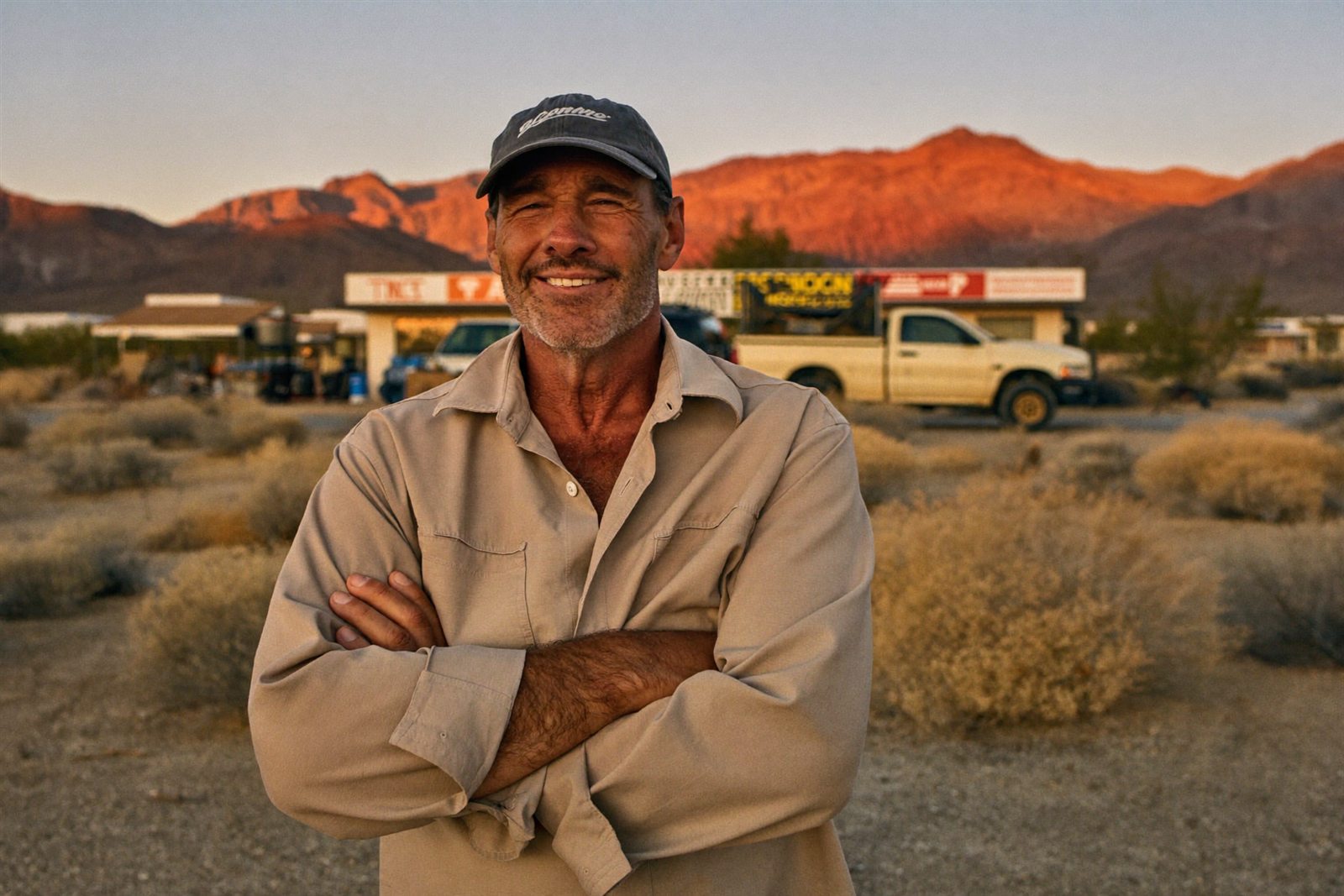 A local business owner stands outside his shop at golden hour along Highway 160